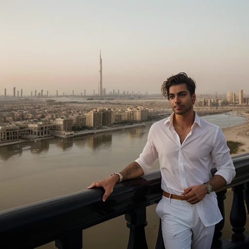 This captivating image showcases a striking male subject set against the backdrop of the iconic Burj Al Arab hotel in Dubai. The subject, with his dark, neatly styled hair and chiseled features, exudes a confident and sophisticated presence.
Dressed in a crisp, white shirt and tailored black pants, the subject's attire reflects a refined, elegant style that complements the opulent surroundings. His pose, with one hand resting on the ornate railing, conveys a sense of casual poise and self-assurance.
The Burj Al Arab, with its distinctive sail-shaped architecture and vibrant pink lighting, dominates the landscape, providing a visually stunning and iconic setting for the portrait. The lush, tropical foliage in the foreground adds a touch of natural beauty, creating a harmonious contrast with the modern, architectural elements.
The warm, golden hues of the sunset and the serene, reflecting pools further enhance the cinematic quality of the image, evoking a sense of luxury, exclusivity, and the allure of the Middle Eastern lifestyle.
This portrait successfully captures the subject's charismatic presence and the grandeur of the Dubai cityscape, inviting the viewer to imagine the intriguing narratives that may have unfolded in this captivating setting.