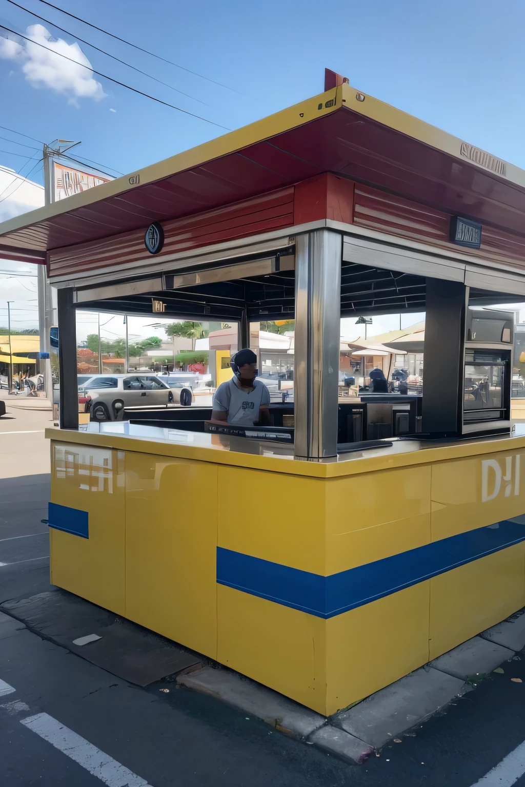 The kiosk will operate as a snack bar called "A Pior Coxinha Da Cidade" specializing in the sale of chicken drumsticks, It will be located inside a shopping mall, with an area of intense traffic, the kiosk has a length of 6 meters, uses materials such as ACM for construction, red and yellow colors in a strong tone, 360 view, UHD, high quality