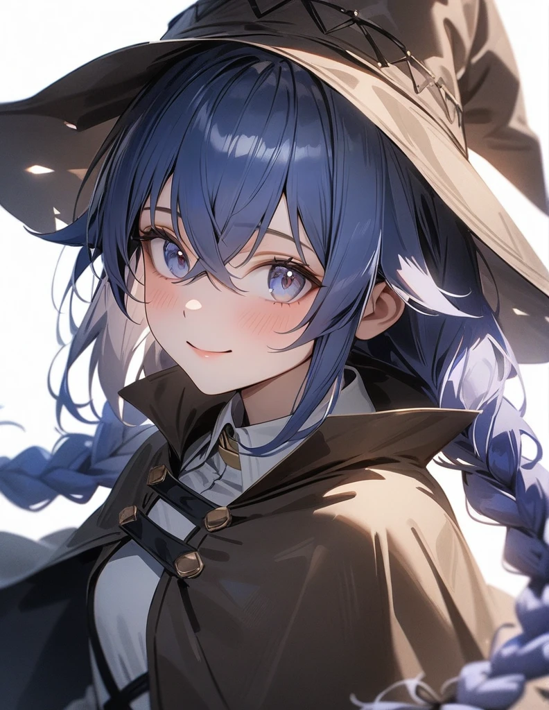 masterpiece, (photorealistic:1.4), best quality, beautiful lighting,
roxy migurdia, 1girl, bangs, blue eyes, blue hair, blush, braid, brown cape, brown capelet, brown headwear, cape, capelet, collared shirt, crossed bangs, dress, hair between eyes, hat, long braid, long hair, long sleeves, looking at viewer, shirt, simple background, smile, solo, tsurime, twin braids, upper body, white background, white dress, witch hat, ((masterpiece))
, intricate details, natural light, RAW photo, 8k uhd, film grain