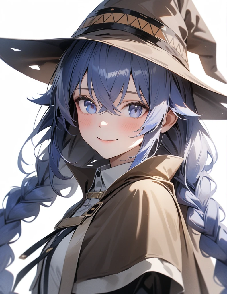 masterpiece, (photorealistic:1.4), best quality, beautiful lighting,
roxy migurdia, 1girl, bangs, blue eyes, blue hair, blush, braid, brown cape, brown capelet, brown headwear, cape, capelet, collared shirt, crossed bangs, dress, hair between eyes, hat, long braid, long hair, long sleeves, looking at viewer, shirt, simple background, smile, solo, tsurime, twin braids, upper body, white background, white dress, witch hat, ((masterpiece))
, intricate details, natural light, RAW photo, 8k uhd, film grain