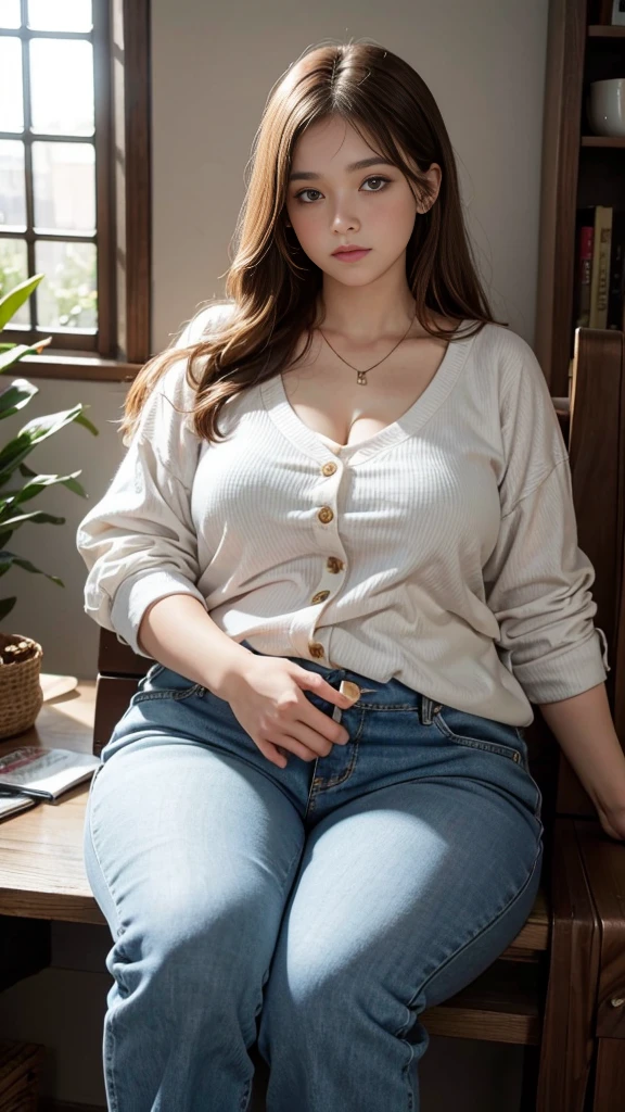 Femme très grosse, assise dans des coussins, Makima, bbwchan, cheveux rouges et yeux jaunes, double menton. Son gros bide sort de son pantalon, elle le carresse avec ses mains. Button pop. Elle porte un short en jean trop petit et un haut en dentelle, belle lumière sur elle, magnifique femme obese