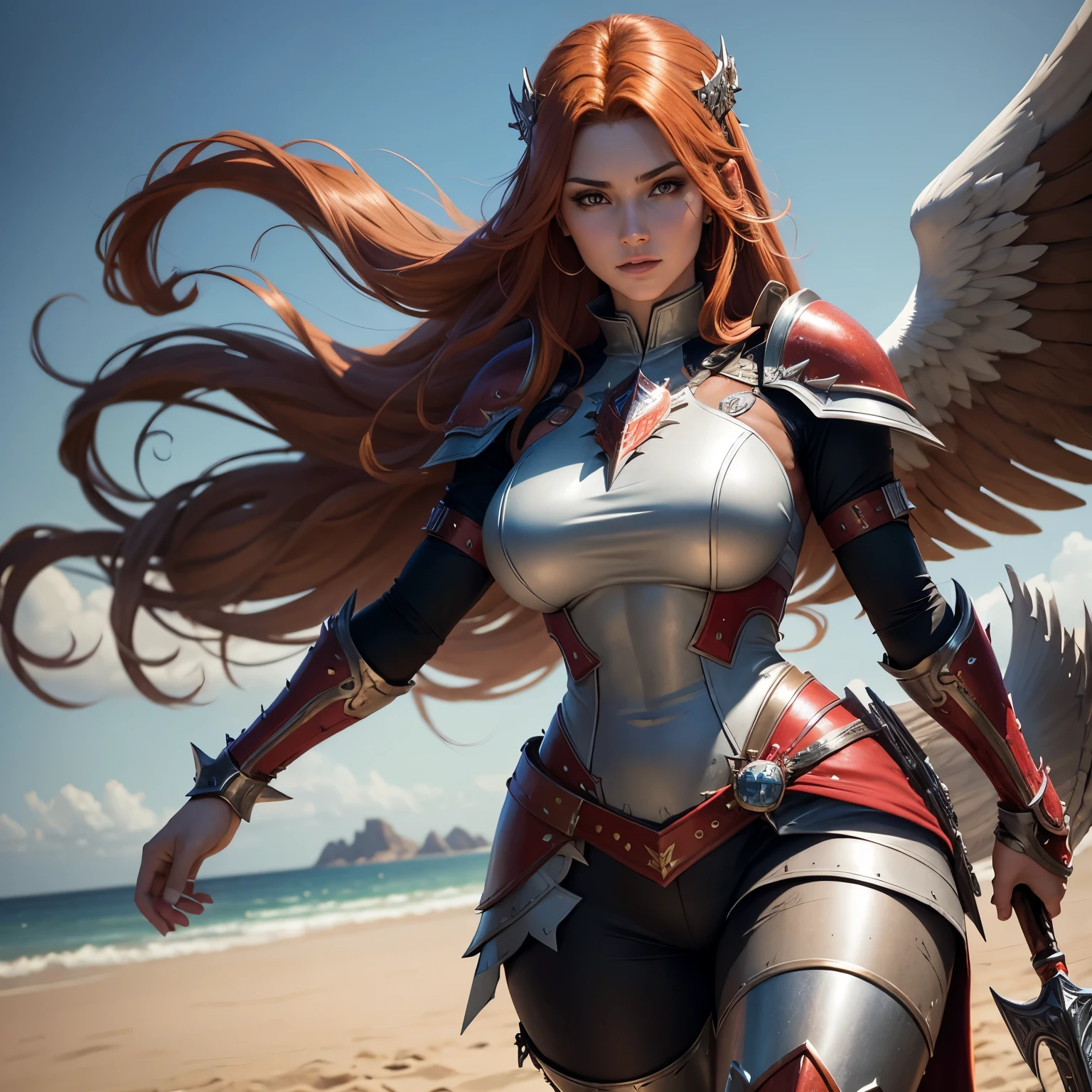 8k, masterpiece, best quality, realistic, higly detailed, cowboy shot, 1angel, female, solo, Zariel, Leona from League of Legends, Italian features, dnd, d&d, dungeons and dragons, dungeons & dragons, rpg, ttrp, angel, paladin, tall beautiful woman, lightly tanned skin, light brown eyes, long back-length shiny auburn hair, ash gray and red Solari armor that covers her entire body, a spiked red crown on her head, an intimidating greatsword, great white and gold feathered wings