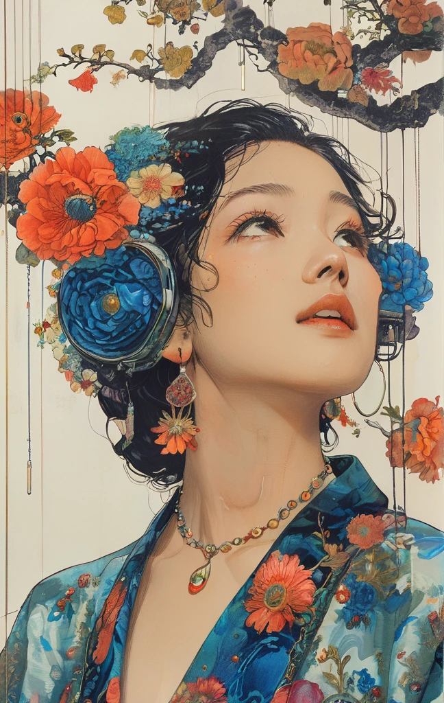 (masterpiece、highest quality、highest quality、official art、beautiful beautiful:1.2)、painterly、sketch、texture、超A high resolution、solo、Beautiful woman、very detailed、(fractal art:1.1)、(Colorful:1.1)(Floral:1.6)、most detailed、(tangled:1.2)、(dynamic pose)、(abstract background:1.3)、(shiny skin)、(earrings:1.4)、Taisho romance,blue flower,ephemeral,