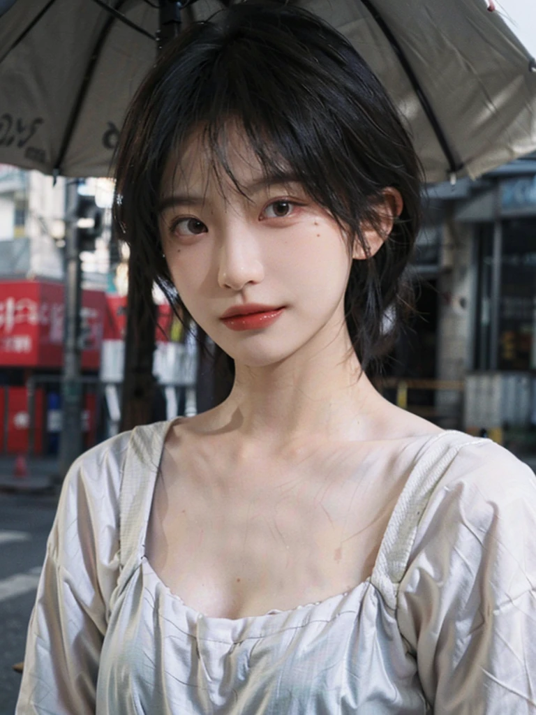 (Skin details:1.4), (smooth skin textures:1.3), (Upper body:1.4),(Upper Body:1.3)Lipstick, background, earrings, serene, calm, Suspenders,(Realistic and detailed eyes:1.2), Natural skin texture, Realistic facial details, Soft dramatic lighting, Vivid details, 35 mm film, outdoor, (Photo Practical:1.4), (hyper Practical:1.4), (Practical:1.3), (Smoother lighting:1.05), (Improve lighting quality:0.9), (Highest quality real skin textures:1.4), Exquisite eyes, Delicate face, Close-up of face, (Enhance the beauty of skin texture:1.1), Hair details,(Large Breasts:1.3), short hair, Moles under the eyes, A faint smile,Portrait Photography, Depth of Field, Bokeh, Surrealism, Ray Tracing, (Portrait Photography:1.1), Surrealism, High Detail, Chiaroscuro, Ray Tracing, reflected light, Ultra HD, Ultra HD, masterpiece, Textured Skin, Super Detail, High Detail, high quality, best quality