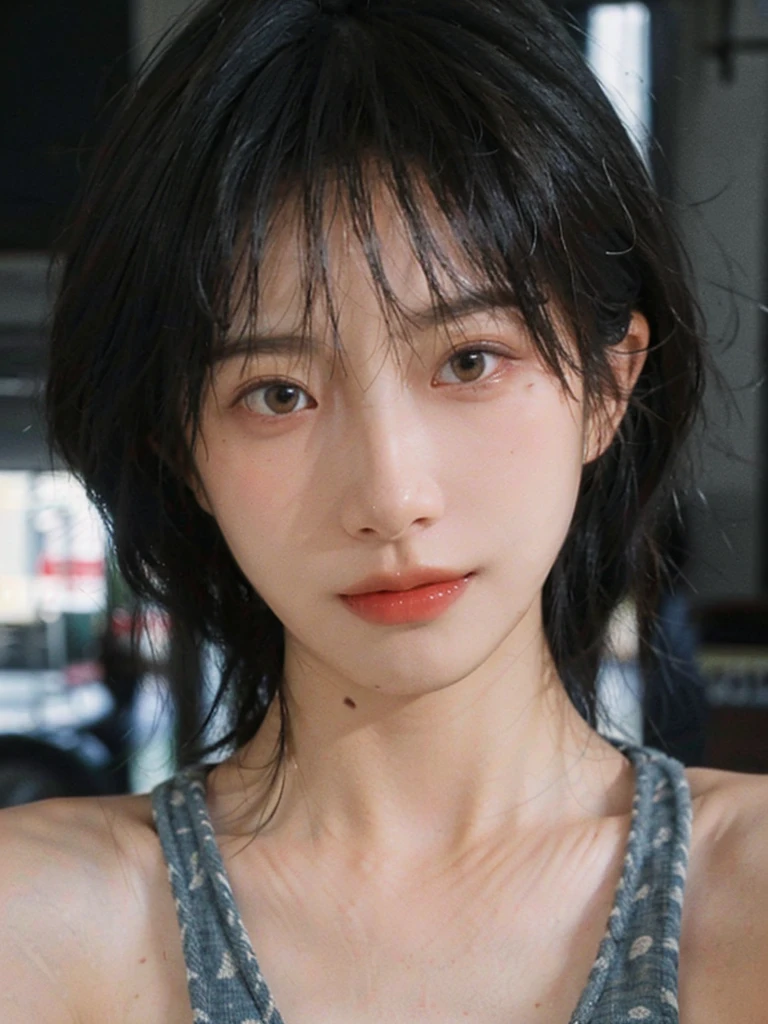 (Skin details:1.4), (smooth skin textures:1.3), (Upper body:1.4),(Upper Body:1.3)Lipstick, background, earrings, serene, calm, Suspenders,(Realistic and detailed eyes:1.2), Natural skin texture, Realistic facial details, Soft dramatic lighting, Vivid details, 35 mm film, outdoor, (Photo Practical:1.4), (hyper Practical:1.4), (Practical:1.3), (Smoother lighting:1.05), (Improve lighting quality:0.9), (Highest quality real skin textures:1.4), Exquisite eyes, Delicate face, Close-up of face, (Enhance the beauty of skin texture:1.1), Hair details,(Large Breasts:1.3), short hair, Moles under the eyes, A faint smile,Portrait Photography, Depth of Field, Bokeh, Surrealism, Ray Tracing, (Portrait Photography:1.1), Surrealism, High Detail, Chiaroscuro, Ray Tracing, reflected light, Ultra HD, Ultra HD, masterpiece, Textured Skin, Super Detail, High Detail, high quality, best quality