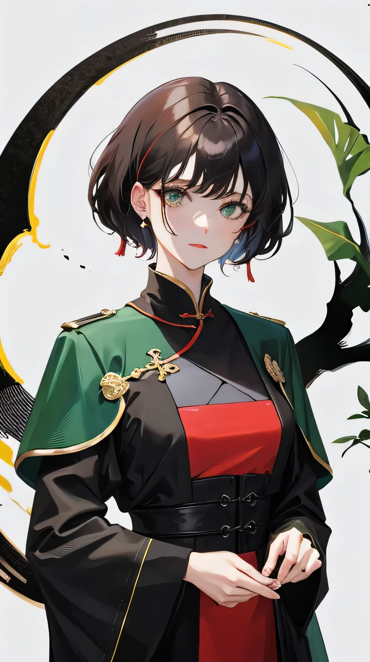 Masterpiece, Best quality, 1 Female, Mature Woman, Elder Sister, young girl, Royal Sister, Cold Face, strong, green eyes, wolfcut short hair, smoky mix red color hair, resolute eyes, simple black Taoist Taoist uniform, long black eardrop, Chinese mix morden, frontal photo, blank background, remove background, wolfcut hairstyle, anime, illustration

