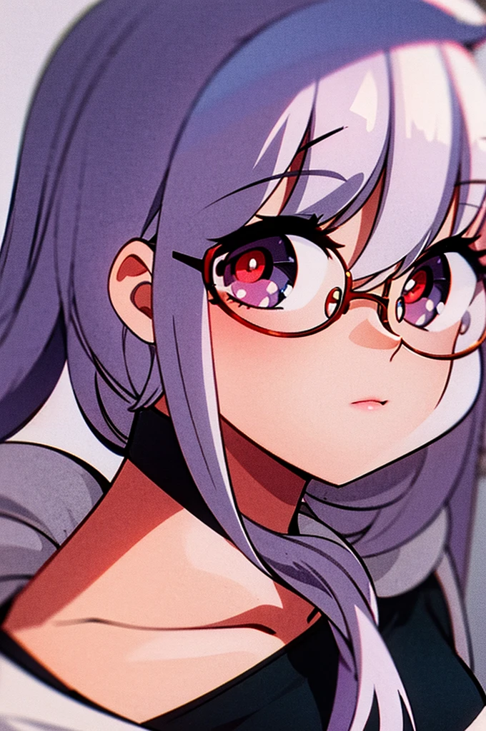 girl, white background, white beanie, bangs, light purple hair, red eyes, glasses, [black t-shirt]