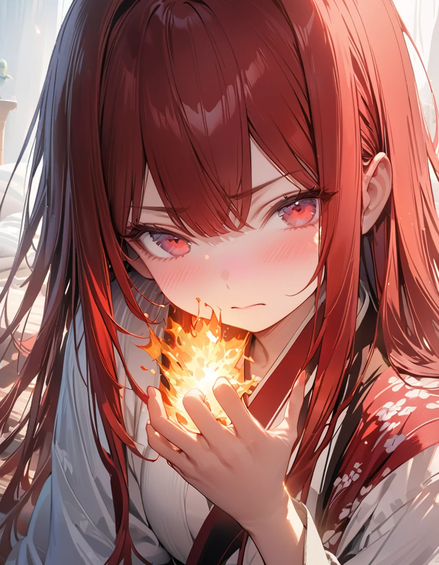 masterpiece Detailed description A woman with very long red hair Japanese-style yukata Embarrassed(Masseter muscle area, high quality, Mysterious, Beautiful and beautiful, Ideal body proportions, Official image art, Impressionism), (Ultra-high resolution, 8k RAW photos, Photorealistic, Natural light, Textile Shading),Perfect Fingers