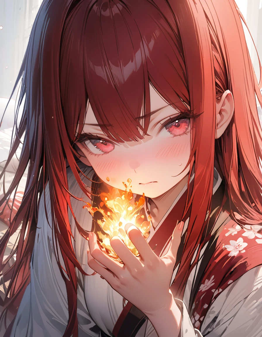 masterpiece Detailed description A woman with very long red hair Japanese-style yukata Embarrassed(Masseter muscle area, high quality, Mysterious, Beautiful and beautiful, Ideal body proportions, Official image art, Impressionism), (Ultra-high resolution, 8k RAW photos, Photorealistic, Natural light, Textile Shading),Perfect Fingers