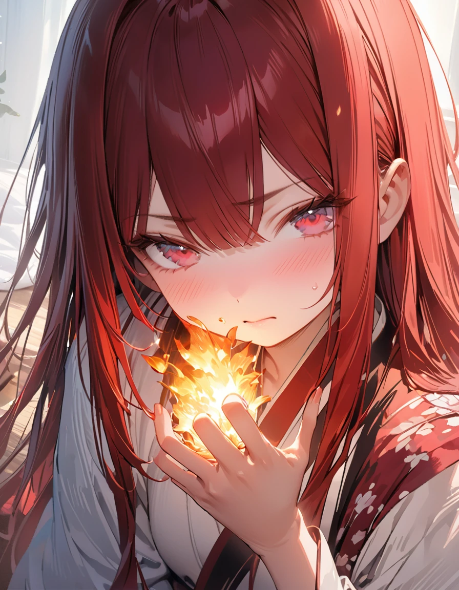 masterpiece Detailed description A woman with very long red hair Japanese-style yukata Embarrassed(Masseter muscle area, high quality, Mysterious, Beautiful and beautiful, Ideal body proportions, Official image art, Impressionism), (Ultra-high resolution, 8k RAW photos, Photorealistic, Natural light, Textile Shading),Perfect Fingers