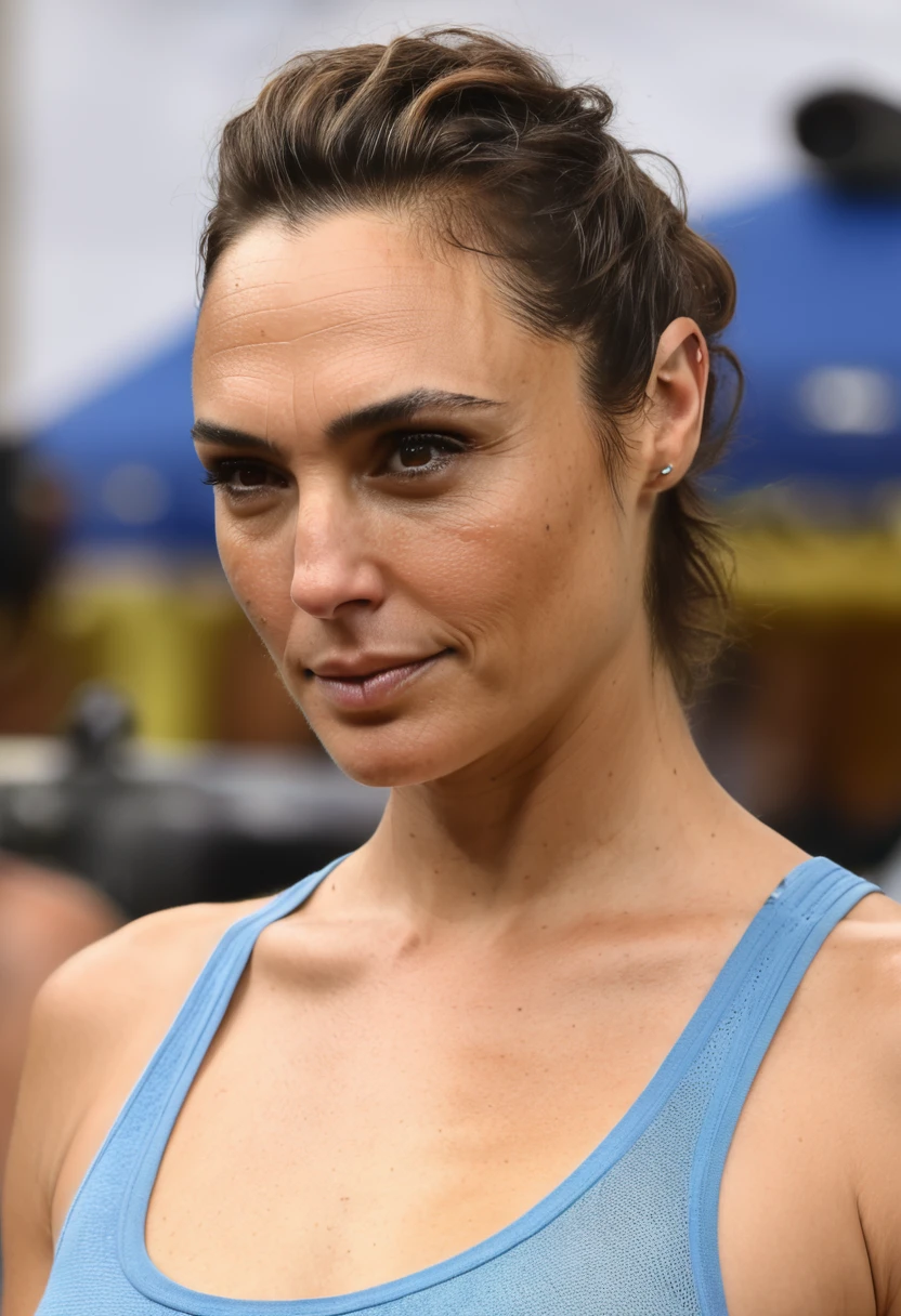 (high quality Erotic celebrity photograph ) ( galxgadt, pony ,GalGadot , tired look, exhausted , 45yo sexy woman, on a vacation beach , pale white skin tone ,( her greeny hair pulled back, hair bun, incredibly sweaty light blue tank top, transparent tank top, full upper body shot ) photorealistic ) , vacation side ,celebrity erotic photograph , oily skin , shiny sweaty skin , celebrity, female, woman, hollywood actress, fleshy fit woman , ( perfect anatomy ,natural lights, depth of field, insanely detailed skin texture, hyper detailed features, hyper photorealistic texture )