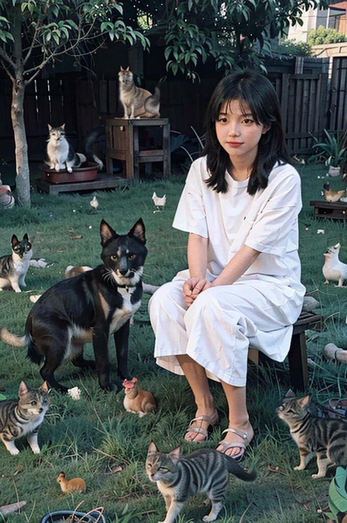 create a beautiful photo of an asian girl in a setting with 3 cats and 2 dogs and chickens in the yard
