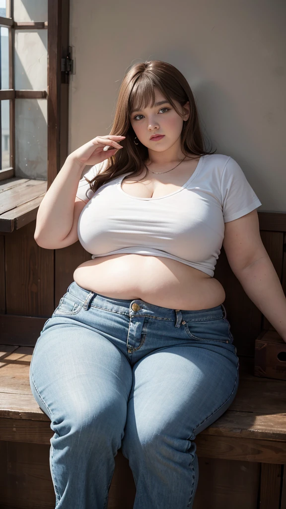 Femme très grosse, assise dans des coussins, Makima, bbwchan, cheveux rouges et yeux jaunes, double menton, elle carresse son gros ventre mou et rebondi, full belly, aftermath, Elle porte un short en jean et un haut en dentelle, belle lumière sur elle, magnifique femme obese