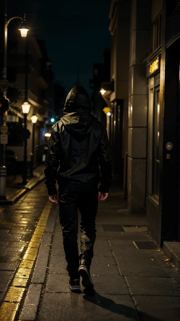 MAN IN A HOOD WALKING BACK DOWN THE STREET ALONE AT NIGHT, only in black and gold colors
