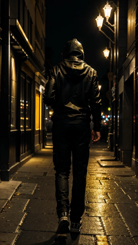 MAN IN A HOOD WALKING BACK DOWN THE STREET ALONE AT NIGHT, only in black and gold colors