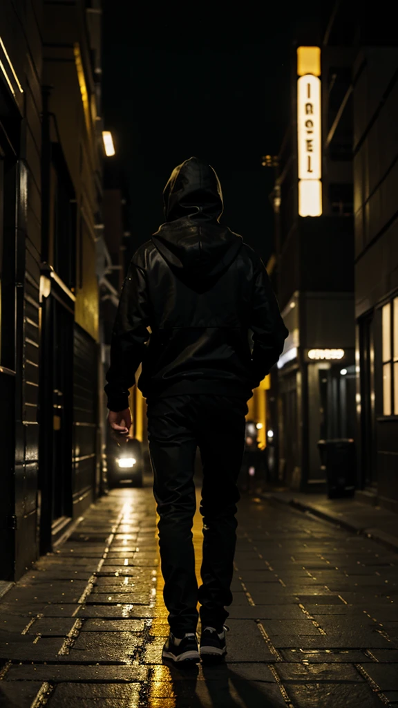 MAN IN A HOOD WALKING BACK DOWN THE STREET ALONE AT NIGHT, only in black and gold colors