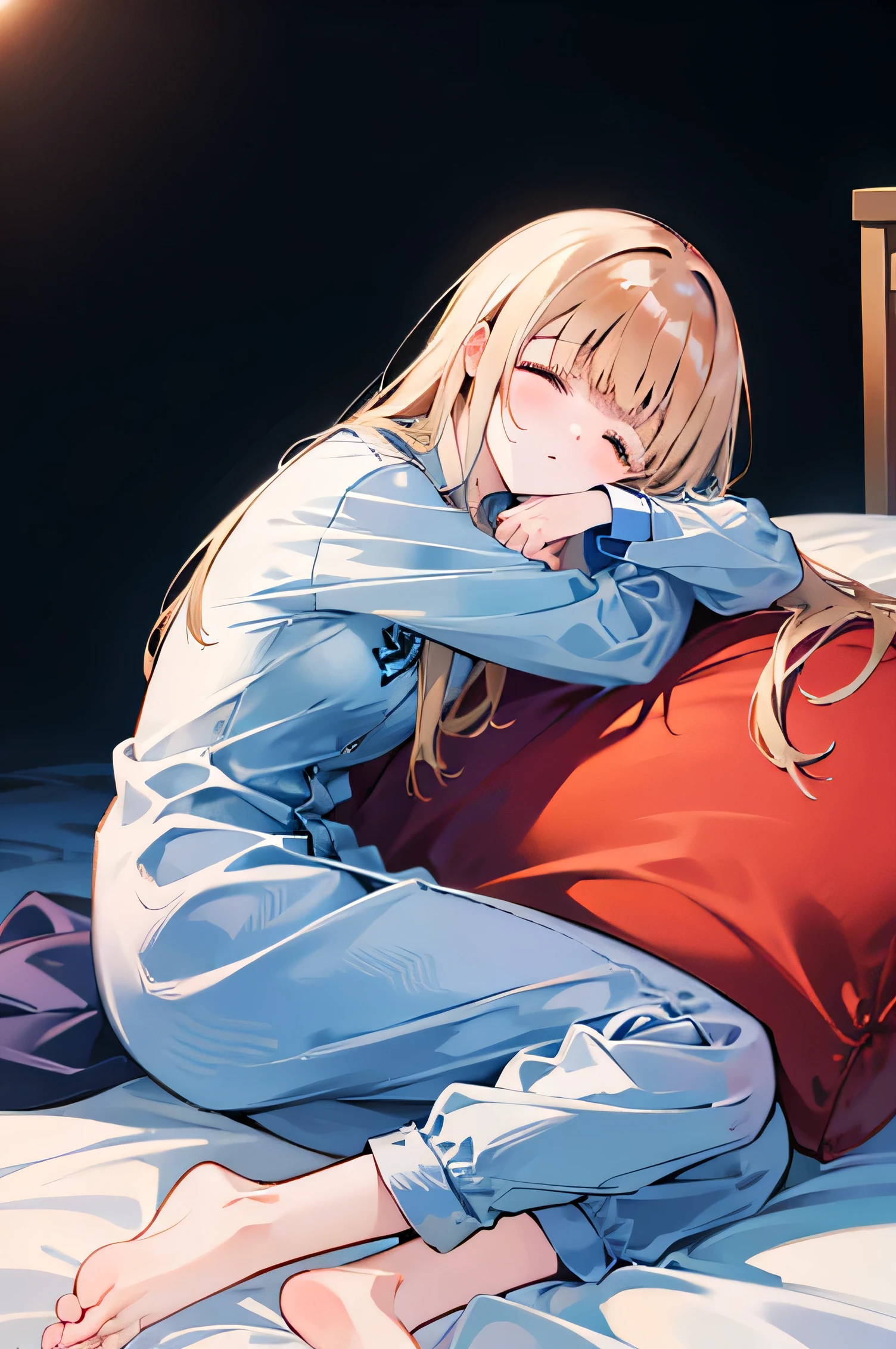 Masterpiece、Anime Coloring、Ultra fine、8K、Side angle、Sleeping girl、Cute pajamas、lie on bed、night、Body pillow、Sleeping with a cat
