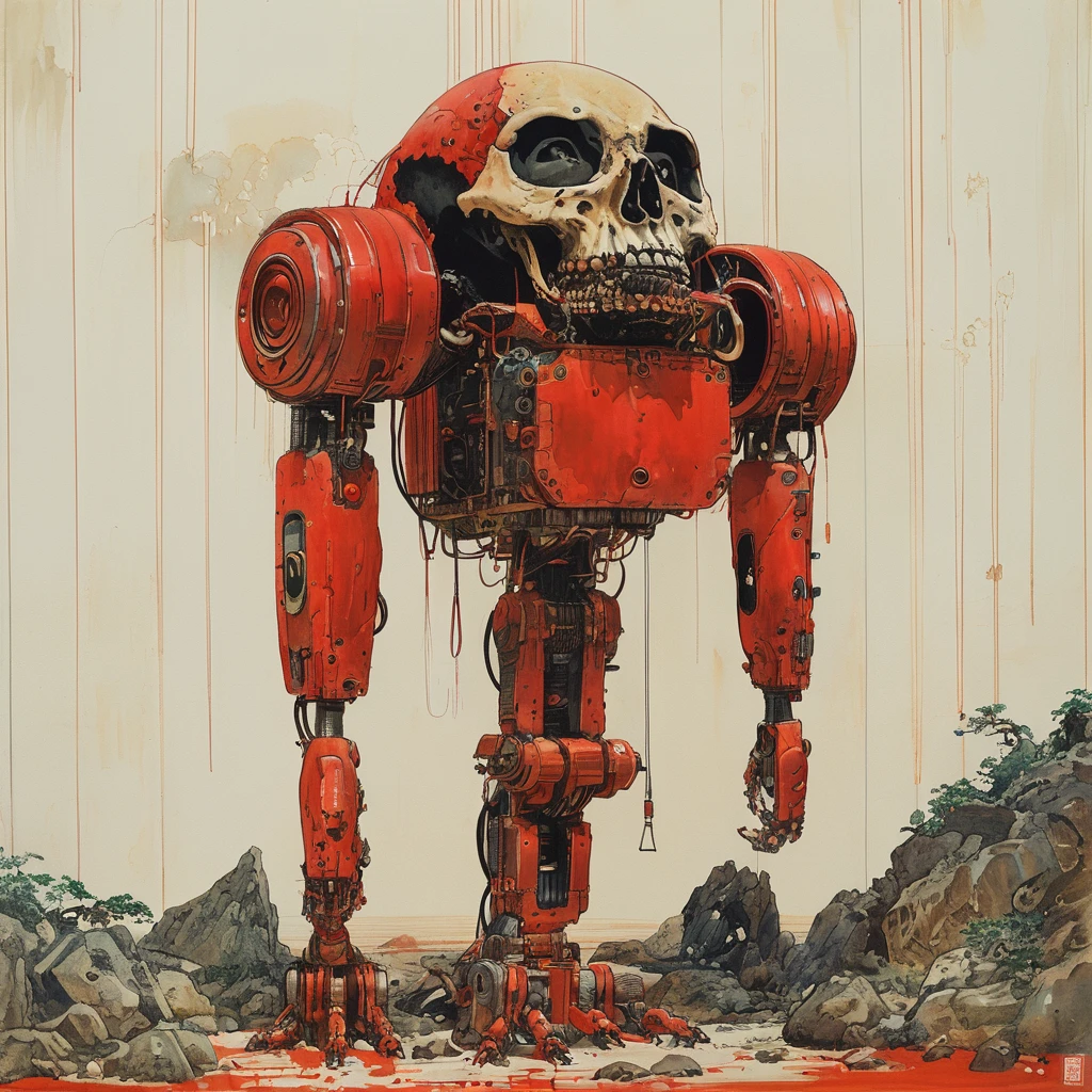1 female demonic cyborg , tubes connected to the wall
beautiful
long black hair
praying
mechanical limbs
red turtle neck tight
skulls
(color ink painting by Katsuhiro Otomo, Moebius, Victo Ngai Katsuya Terada, Aaron Horkey )