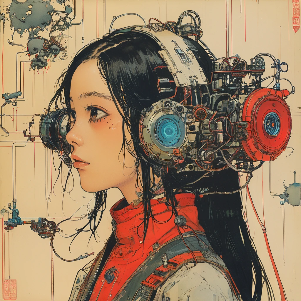 1 female demonic cyborg , tubes connected to the wall
beautiful
long black hair
praying
mechanical limbs
red turtle neck tight
skulls
(color ink painting by Katsuhiro Otomo, Moebius, Victo Ngai Katsuya Terada, Aaron Horkey )