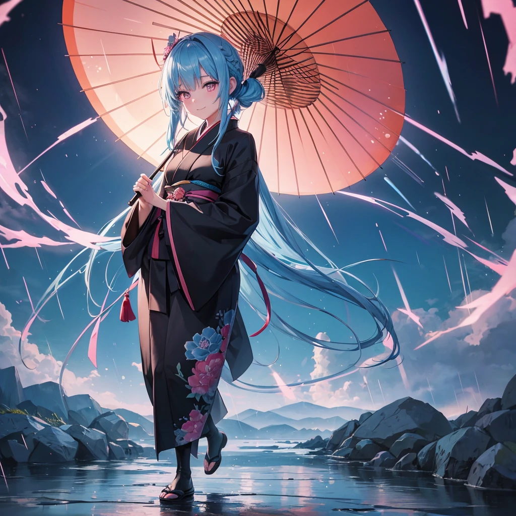 sky Blue hair, (braided ponytail),(pink eyes),fair skin ,(full body),(1 girl),smile,Straight Bangs,(masterpiece, best quality, ultra-detailed, best shadow), (detailed background), (beautiful detailed face), high contrast, (best illumination, an extremely delicate and beautiful), ((cinematic light)), colorful, hyper detail, dramatic light, intricate details,rain shower,kyoto,Japanese Umbrella,black kimono,