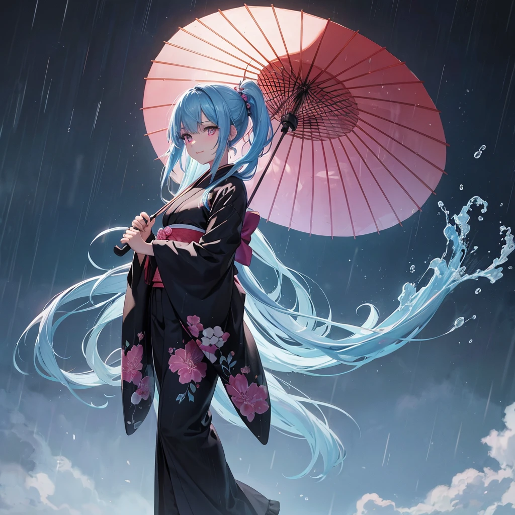 sky Blue hair, (braided ponytail),(pink eyes),fair skin ,(full body),(1 girl),smile,Straight Bangs,(masterpiece, best quality, ultra-detailed, best shadow), (detailed background), (beautiful detailed face), high contrast, (best illumination, an extremely delicate and beautiful), ((cinematic light)), colorful, hyper detail, dramatic light, intricate details,rain shower,kyoto,Japanese Umbrella,black kimono,