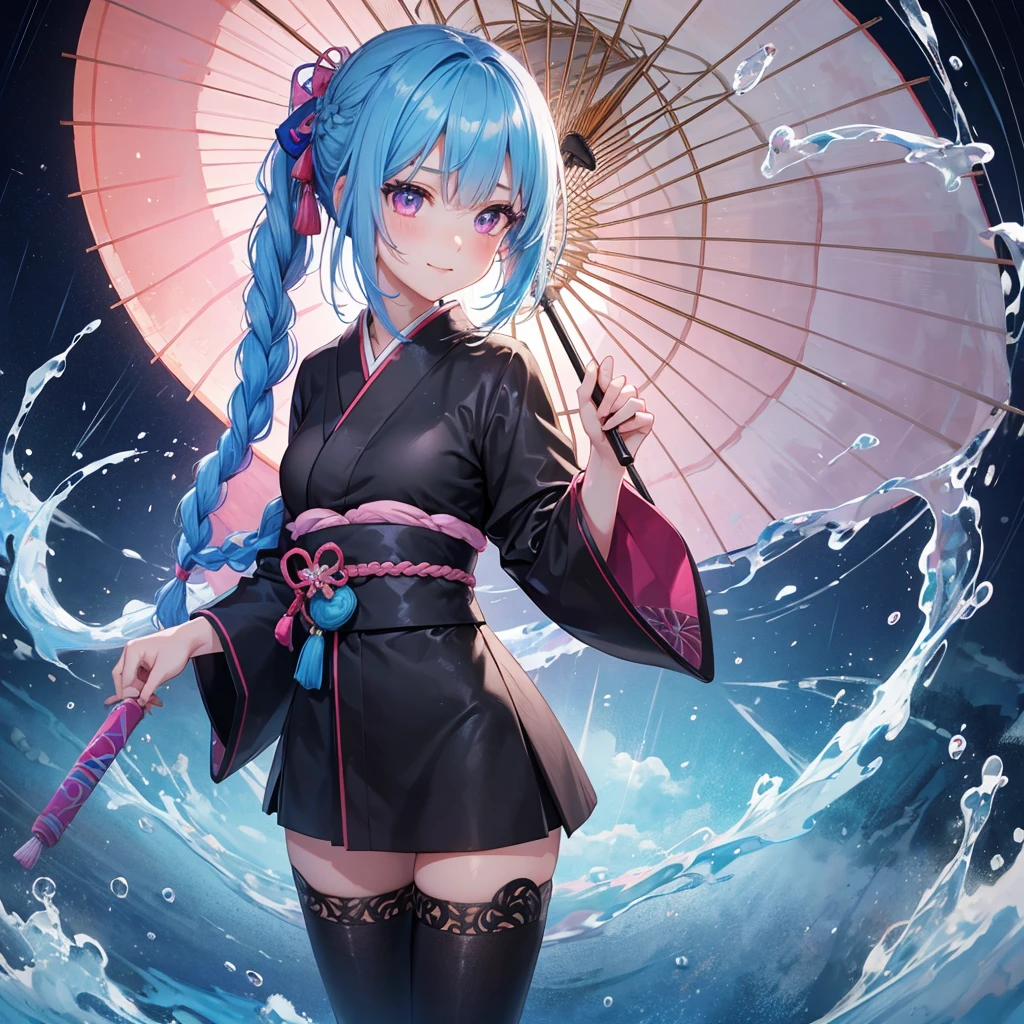 sky Blue hair, (braided ponytail),(pink eyes),fair skin ,(full body),(1 girl),smile,Straight Bangs,(masterpiece, best quality, ultra-detailed, best shadow), (detailed background), (beautiful detailed face), high contrast, (best illumination, an extremely delicate and beautiful), ((cinematic light)), colorful, hyper detail, dramatic light, intricate details,rain shower,kyoto,Japanese Umbrella,black kimono,