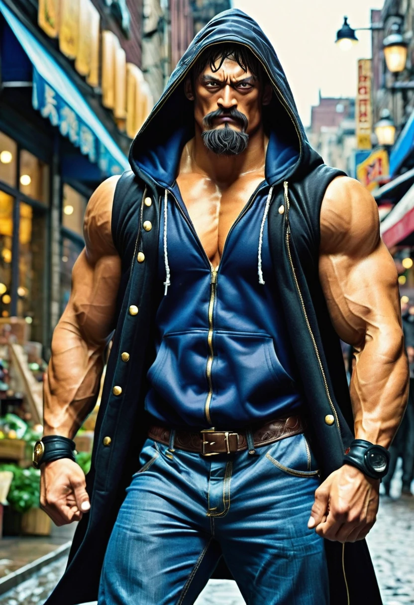 "Imagine an imposing, muscular figure, mixing characteristics of Escanor, the hulk , wearing a hooded coat. He walks confidently through the streets, the hood is over your head while the coat is open, revealing his powerful arms and physique worthy of a natural bodybuilder. The scene is marked by the dominant presence and unique mix of iconic characteristics of these characters.. 38-year-old man with a black lumberjack beard and short, bald head and Viking eyes"