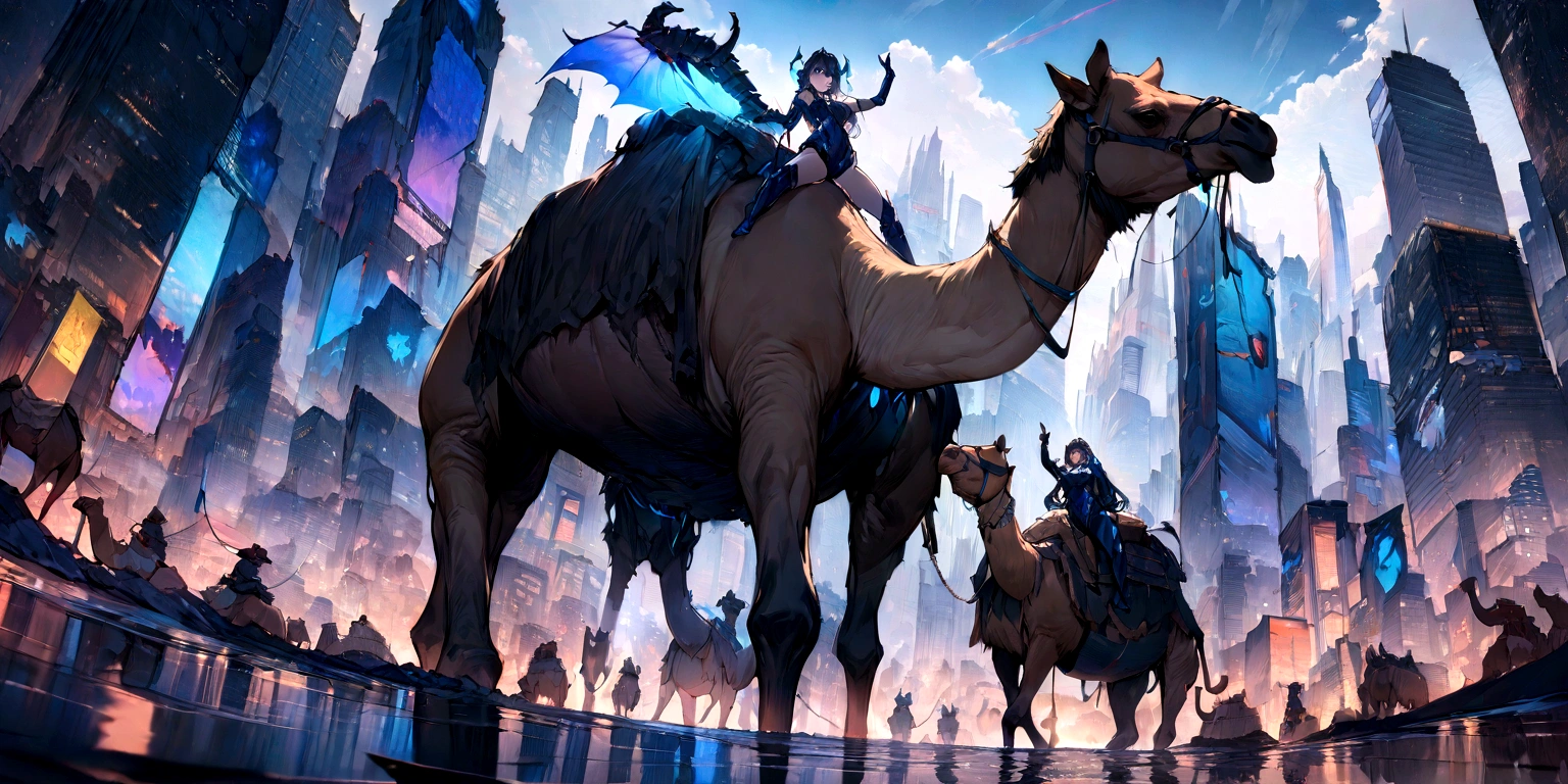 ((masterpiece, Highest quality, Best image quality, High resolution、4k)) A beautiful female demon rides on a vicious camel、looking at the camera、Camels are half mechanical、Glowing blue eyes and advanced cybernetic enhancements. Seen in dynamic action poses, reflection on a smooth surface. The cityscape below is filled with towering skyscrapers., illuminated by colorful holographic advertisements, Shining with blue energy, Mighty power. The overall atmosphere is dark and mysterious., It had a futuristic techno vibe.. The lighting is dramatic, Intense highlights and deep shadows, Creates depth and tension.