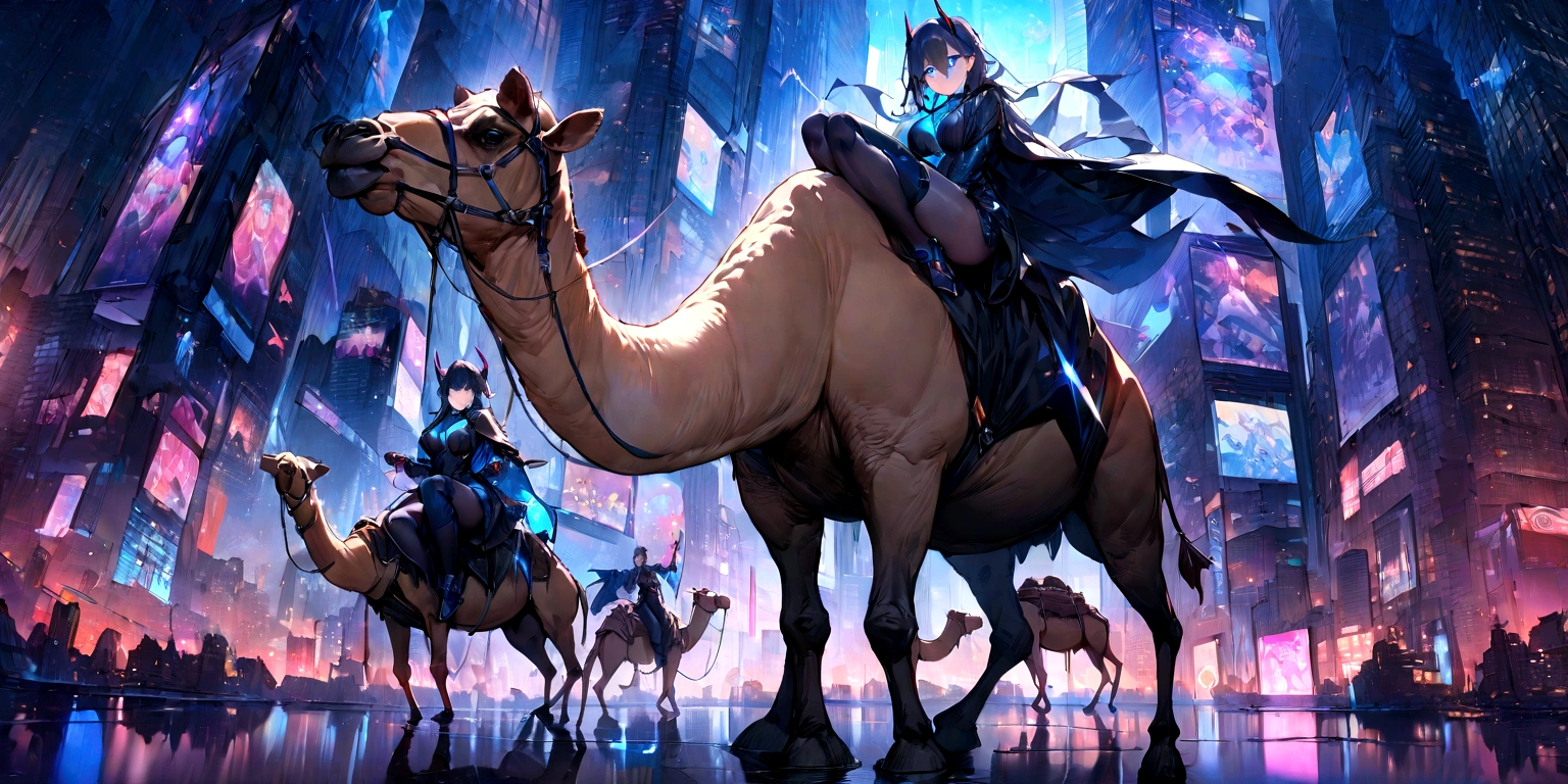 ((masterpiece, Highest quality, Best image quality, High resolution、４ｋ)) A beautiful female demon rides on a vicious camel、looking at the camera、Camels are half mechanical、Glowing blue eyes and advanced cybernetic enhancements. Seen in dynamic action poses, reflection on a smooth surface. The cityscape below is filled with towering skyscrapers., illuminated by colorful holographic advertisements, Shining with blue energy, Mighty power. The overall atmosphere is dark and mysterious., It had a futuristic techno vibe.. The lighting is dramatic, Intense highlights and deep shadows, Creates depth and tension.