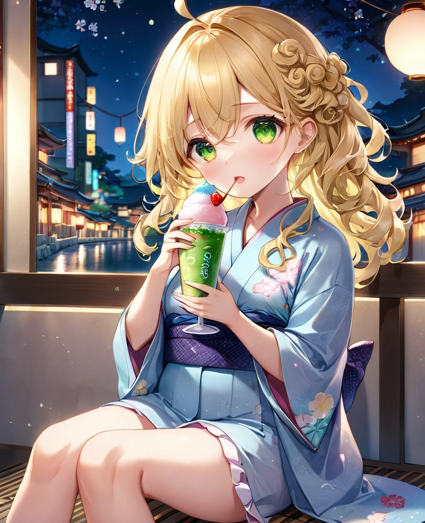 (masterpiece, best quality:1.2), (absurdres, highres, ultra-detailed), (perfect anatomy), 
Cute Girls、Sitting、Holding in hand、shaved ice、Blonde、Curly long hair、Yellow-green eyes、Sparkling、night、heart、Cute yukata

(8K, RAW photo:1.2),detailed face and eyes,intricate detail ,masterpiece ,sharp focus, high quality,BREAK,rating: general, newest