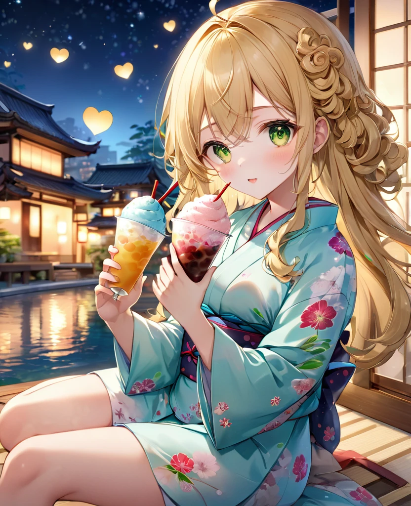 (masterpiece, best quality:1.2), (absurdres, highres, ultra-detailed), (perfect anatomy), 
Cute Girls、Sitting、Holding in hand、shaved ice、Blonde、Curly long hair、Yellow-green eyes、Sparkling、night、heart、Cute yukata

(8K, RAW photo:1.2),detailed face and eyes,intricate detail ,masterpiece ,sharp focus, high quality,BREAK,rating: general, newest