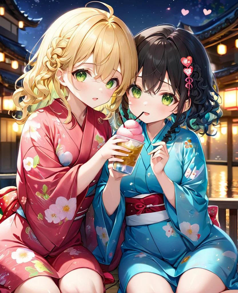 (masterpiece, best quality:1.2), (absurdres, highres, ultra-detailed), (perfect anatomy), 
Cute Girls、Sitting、Holding in hand、shaved ice、Blonde、Curly long hair、Yellow-green eyes、Sparkling、night、heart、Cute yukata

(8K, RAW photo:1.2),detailed face and eyes,intricate detail ,masterpiece ,sharp focus, high quality,BREAK,rating: general, newest