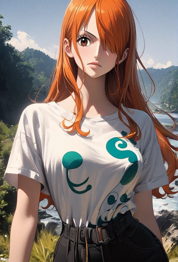 masterpiece, best quality), intricate details, 1 girl, woman, orange hair, nami \ (one piece\), (short hair) (side bangs) shirt, ((white shirt, black pant, black court)) female focus, nature, scenery, upper body, ((front view)) ((close up shot)) ((solo)) ((hair over one eyes)) detailed, very high resolution, no blurry image, full body, orange eyes, sligh wavy hair, ((nami from one piece)) ((female nami from one piece)), (((straight hair)) ((front view))