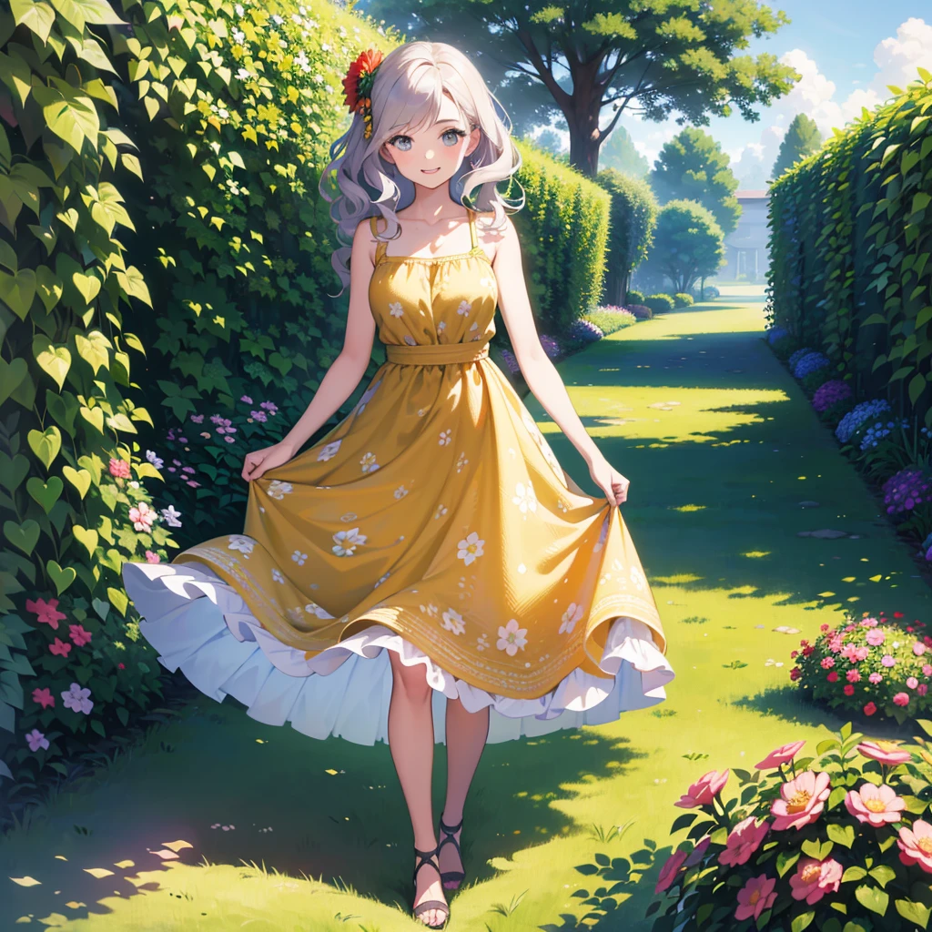 work of art, best qualityer, absurderes, perfect antomy, 1 girl, standing alone, PascalTales, shorth hair, comely, happy, Sunnyday, Botanical Garden, summer breeze, summer dress, flower print, wavy hair, smiling
