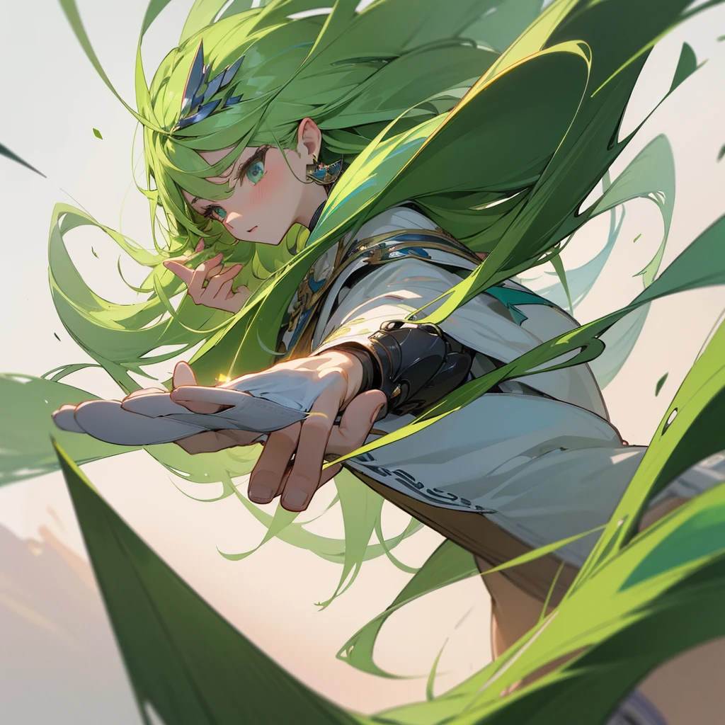 (high quality)、(masterpiece)、(detailed)、One Beautiful Woman、Woman with long green hair、Wizard、Right palm facing up、BRAEK、
A tornado is happening in the palm of your hand、A small tornado in the palm of your hand、BRAEK、
The background is a tornado、BRAEK Holding a tornado in the palm of his hand