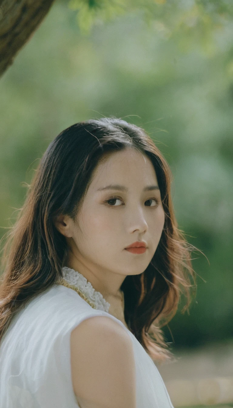 Close-up of a young East Asian woman's face、Wet Skin、Glossy lips、Orange lip、Big Eyes、Black Hair、Fingers touching cheek、Natural beauty、Soft lighting、High resolution、Photorealistic textures