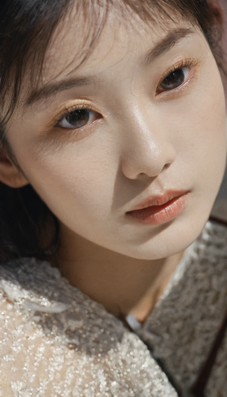 Close-up of a young East Asian woman's face、Wet Skin、Glossy lips、Orange lip、Big Eyes、Black Hair、Fingers touching cheek、Natural beauty、Soft lighting、High resolution、Photorealistic textures