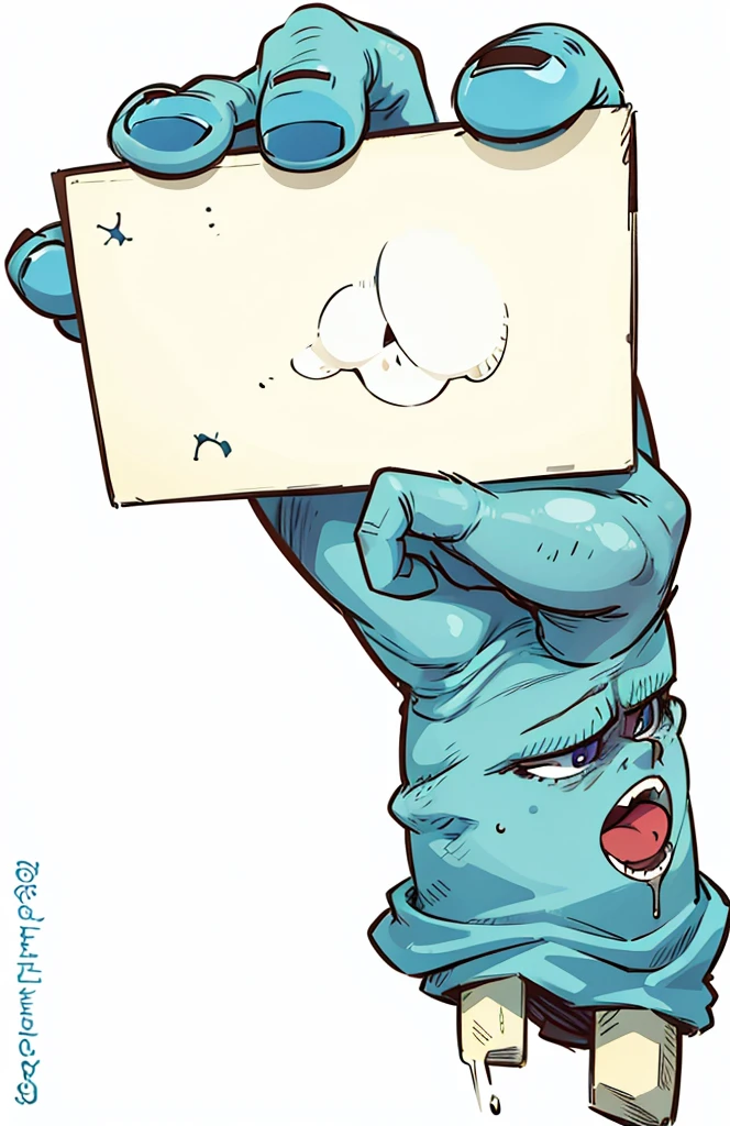 zombie hand, holding blank paper, bluish skin, thick strokes, bones showing