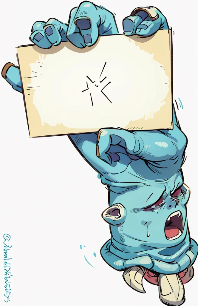 zombie hand, holding blank paper, bluish skin, thick strokes, bones showing