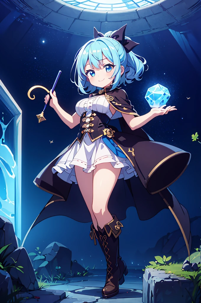 Fantasy,((Masterpiece)),((high resolution)),((Best Quality)),Anime illustration,((1girl)),(wavy hair),(short hair),(pale blue hair color),small ponytail,headband,Indigo eyes,(Big round eyes),(tareme),(()),12 yeby face)),((verasts)),Short stature,Young,(loli),,ice wizard,sleevele white blouse,Blue mini skirt,slit,Brown corset,brown capelet,smile,,Brown long boots,wizard's wand with blue gem,