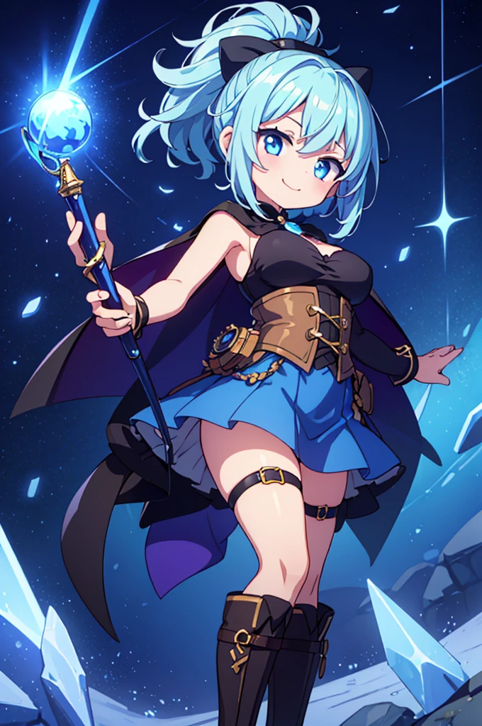 Fantasy,((Masterpiece)),((high resolution)),((Best Quality)),Anime illustration,((1girl)),(wavy hair),(short hair),(pale blue hair color),small ponytail,headband,Indigo eyes,(Big round eyes),(tareme),((child)),12 years old,((baby face)),((very big breasts)),Short stature,Young,(loli),,ice wizard,sleeveless white blouse,Blue mini skirt,slit,Brown corset,brown capelet,smile,,Brown long boots,wizard's wand with blue gem,