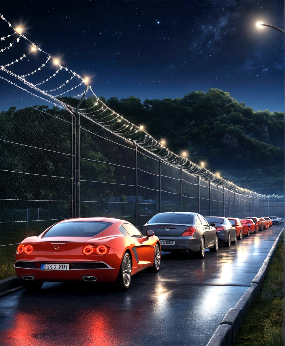 Row of cars in an car park, surrounded by a wired fence, best quality, realistic, takes place at night, stars in the sky, masterpiece, lots of cars, panoramic view 