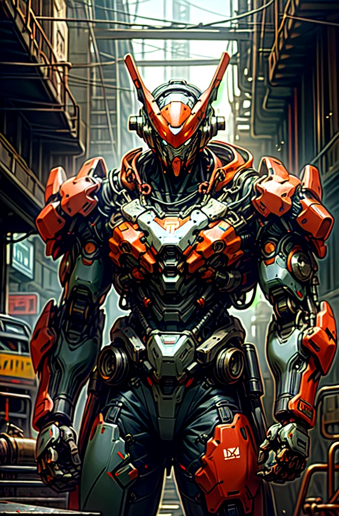 Dark_Fantasy,Cyberpunk,(chain saw,chain saw man,Red:1.1),1man,Mechanical marvel,Robotic presence,Cybernetic guardian, wearing a worn-out mech suit, intricate, (steel metal [rusty]), elegant, clear focus, shot by greg rutkowski, soft lighting, vibrant colors, masterpiece, ((street)), cowboy shot, dynamic pose,