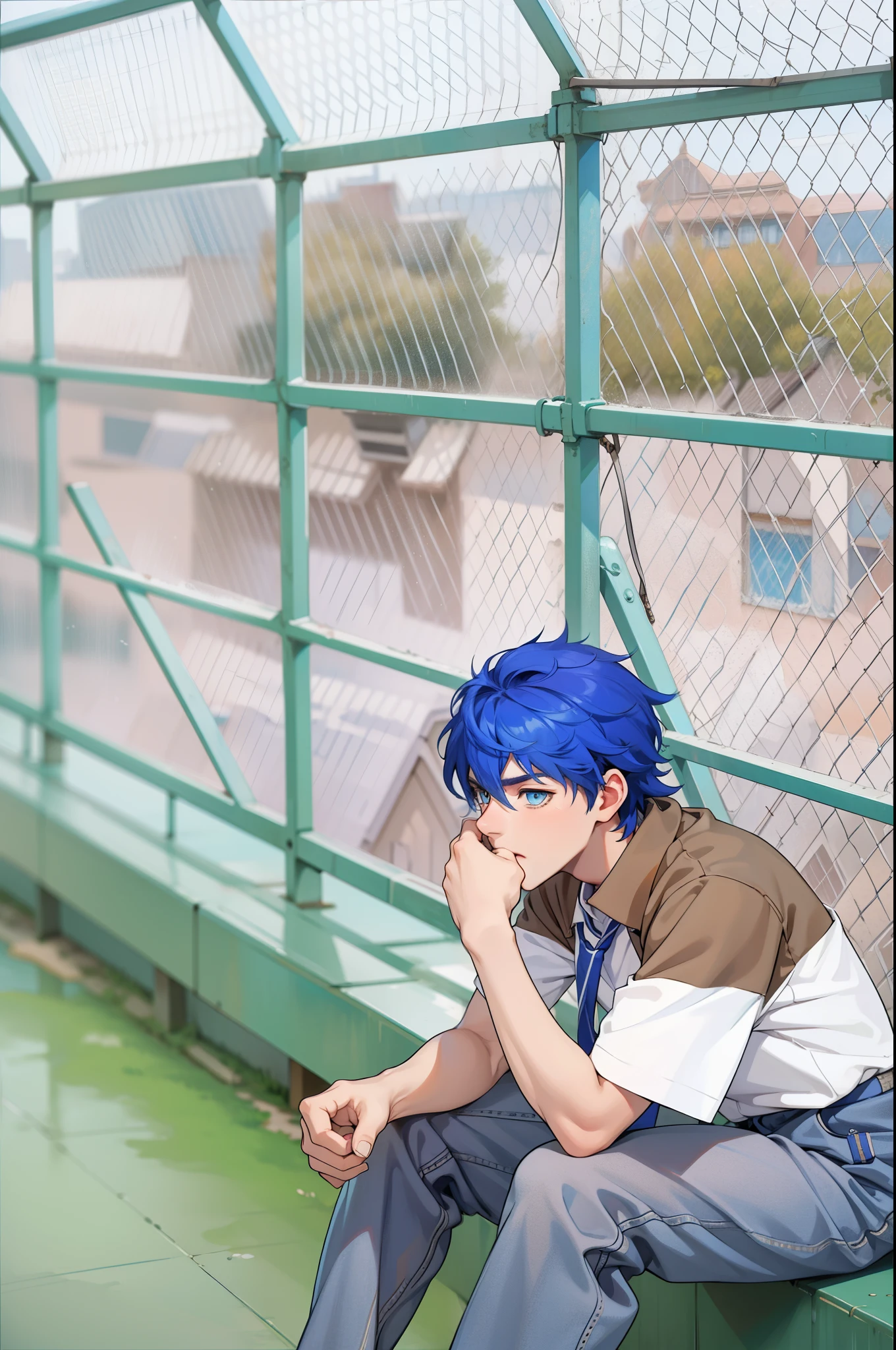 There is a 16-year-old boy with blue hair, blue eyes, on top of a school building, he is thoughtful, somewhat sad, looking at the city.
