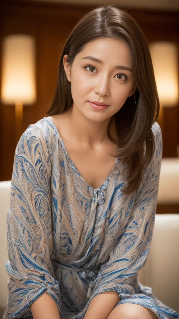 masuter piece, top-quality, ​masterpiece, hight resolution, Photorealsitic, Raw photography, 8k wallpaper, flawless, profetional lighting, ighly detailed, depth of fields, ((one beautiful women)), ((40 year old sexy woman)), (In the hotel lobby), ((Dresses with flashy colors and patterns)), ((See the viewer's eyes)), Detailed face, beautidful eyes, (sit with good posture and face forward), bangss, small breasts of good shape, (sexy facial expression), Light Brown Straight Hair, (Thick lip), ((arms between legs))