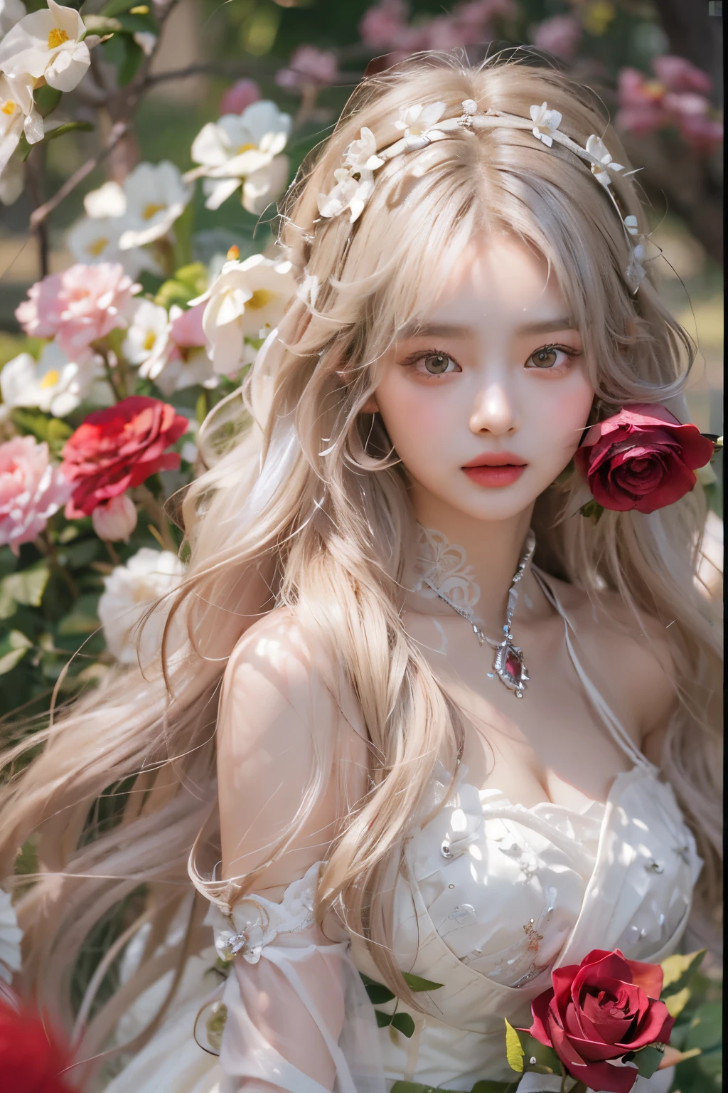 (최고의 quality 세부 사항)、realistic、8k words、highest resolution、(1 girl:1.2)、The very detailed、고quality 텍스처、intricate details、Detail、very detailed CG、고quality 그림자、Beautiful delicate face with details、Beautiful and delicate eyes with details、depth of field、ray tracing、In my 20s、pretty kpop girl、(korean urzan face)、slim face、(Ulzzang-6500-v1.1:0.6)、pure face_v1、Glow Eyes、perfect body、 look at the viewer、(최고의 quality 세부 사항:1.2)、realistic、8k words、highest resolution、(1 girl:1.2)、The very detailed、고quality 텍스처、intricate details、Detail、very detailed CG、고quality 그림자、Beautiful delicate face with details、Beautiful and delicate eyes with details、depth of field、ray tracing、In my 20s、pretty kpop girl、(korean urzan face)、slim face、(Ulzzang-6500-v1.1:0.6)、teak、shiny lips、、높은 수준의 이미지 quality, 최고의 이미지 quality, 최고 quality, realistic, very detailed, 사진 realistic, 4K 8k words Full Color RAW Photos, FUJIFILM(medium format), Hasselblad, carl zeiss, Amazing dynamic range photos(Utility_Art by Smoose-768:1.1),highest resolution, high pixel count, Clear details, clear image, Natural color reproduction, noise reduction, high fidelity, quality, software improvements, Upscaling, Optimized Algorithm, Professional-grade retouching, ((bright red rose headdress))、(Jewelry accessories)、(Eye color: brown)、(bright red flower headdress)、(gray hair), (white long hair)、(layered hairstyle), Description Beautiful delicate hair、(gothic ****ta fashion)、White flowers are blooming all over the wall、