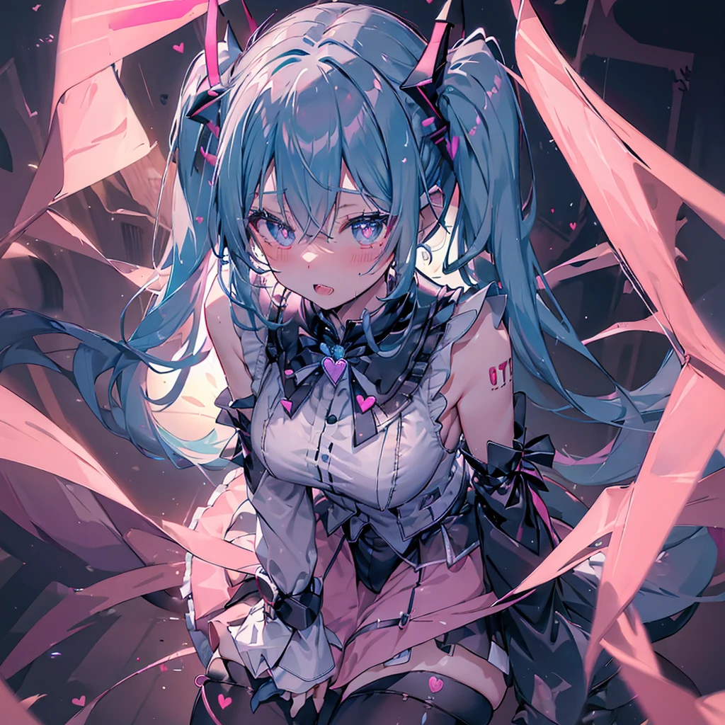 (masterpiece,Super detailed,In 8K,Best Composition,Moody lighting,Photorealistic,Dynamic Shot:1.5),hatsune miku,Dangerous Vampire,Adult sexy body,Light blue twin tails,,Double teeth,A small pink heart on her cheek,Pink and black gothic dress fashion,Jirai fashion with very delicate details,Black platform high boots,Beautiful long legs,Beautiful big ,Cute pose,,Lots of neon lights,ahegao, ((Heart-shaped pupils)), ((Sexy pose)) , saliva trail, full-face blush, Detailed super oily shiny skin, , , orgasm, , , arched back, , torogao, ahegao, BREAK, pink neon, Dramatic lighting, psychedelic, Clear liquid, Oculogyric crisis, night, dark church background, stained glass, colorful, neon disco