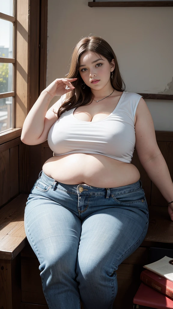 Femme très grosse, assise dans des coussins, Makima, bbwchan, cheveux rouges et yeux jaunes, double menton, elle carresse son gros ventre mou et rebondi, full belly, aftermath, Elle porte un short en jean et un haut en dentelle, belle lumière sur elle, magnifique femme obese