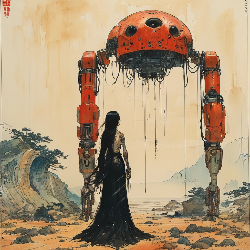 1 female demonic  cyborg , tubes connected to the wall
beautiful 
long black hair
praying
mechanical limbs
red turtle neck tight
skulls
(color ink painting by  Katsuhiro Otomo, Moebius, Victo Ngai	 Katsuya Terada, Aaron Horkey )