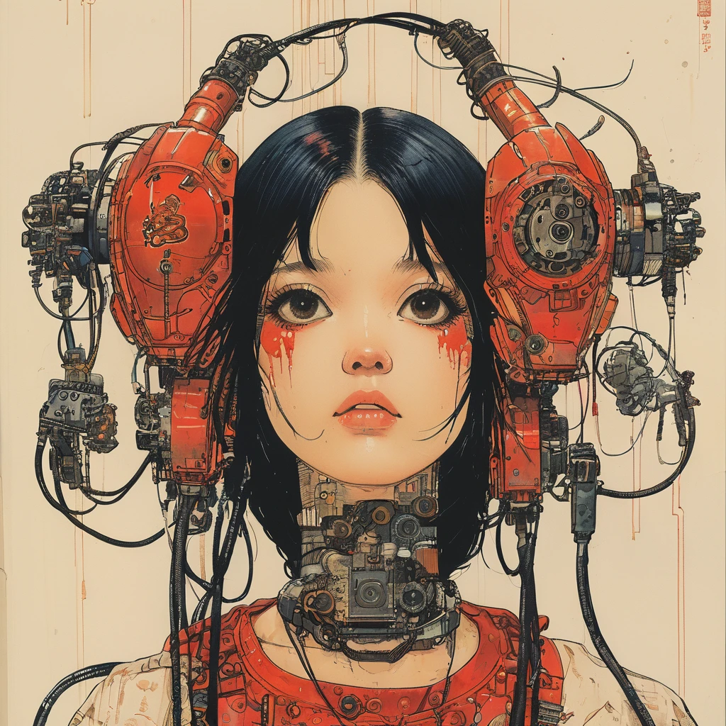 1 female demonic cyborg , tubes connected to the wall
beautiful
long black hair
praying
mechanical limbs
red turtle neck tight
skulls
(color ink painting by Katsuhiro Otomo, Moebius, Victo Ngai Katsuya Terada, Aaron Horkey )